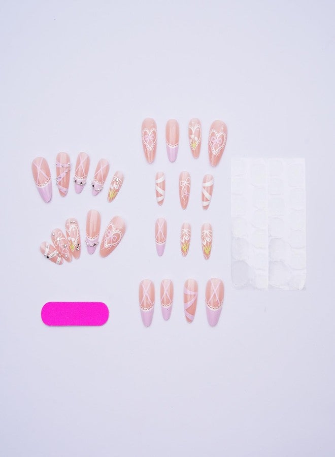 KKUUOO Pink Press on Nails, Almond Fake Nails, Rhinestone Glossy False Nail for Women Nails Manicure Decoration, Full Cover Acrylic Stick on Nail with Bowknot Love 3D Pearl Designs 24Pcs - Image 2